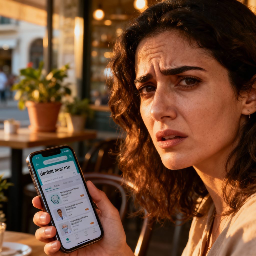 Cypriot lady searching for "dentist near me"
